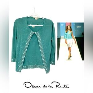 Oscar de la Renta-2 Elegant Turquoise Silk Beaded Sweaters , Size S